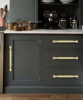 Brushed Gold Cabinet Pulls 2 Pack Three and Three Quarters Inch Center to Center 4.4 Inch Length Matte Gold handles on kitchen drawer
