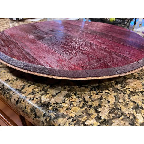 Handcrafted Rustic Barrel Lid Lazy Susan For Kitchen And Table, 360 Degree Non Slip Turntable Spin, wood on kitchen counter