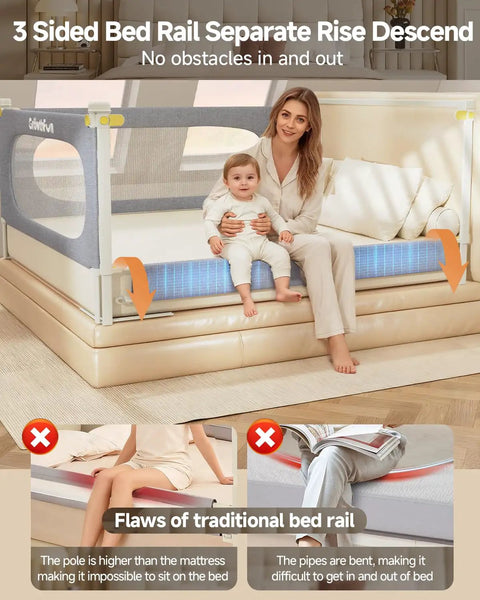 Woman and child on bed with Three Piece Queen Size Bed Rail Guard For Toddlers And Kids Height Adjustable Baby Bed Rail