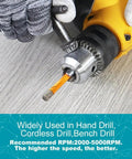 Close-up of diamond drill bits kit in cordless drill, ideal for tile work on ceramic and stone, recommended RPM shown.