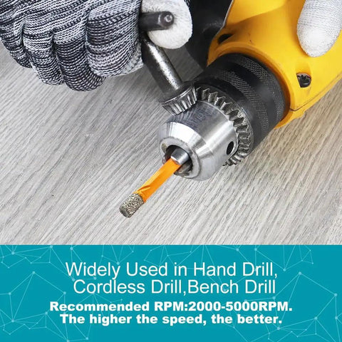 Close-up of diamond drill bits kit in cordless drill, ideal for tile work on ceramic and stone, recommended RPM shown.