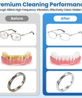 Before and after of cleaning glasses, dentures, and rings with 48 Kilohertz Ultrasonic Cleaning Machine For Jewelry Glasses Earbuds Dental Plates And Watch Straps Packs Dual Settings And Heavy Duty Basin Delivers Easy Breezy Washdowns That Handle Stubborn Buildup With Zero Sweat 400Ml Capacity.