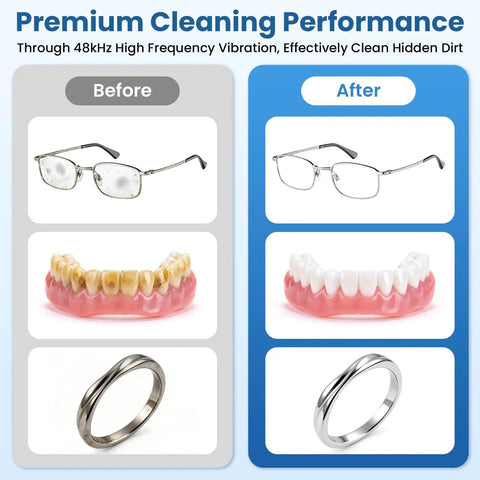 Before and after of cleaning glasses, dentures, and rings with 48 Kilohertz Ultrasonic Cleaning Machine For Jewelry Glasses Earbuds Dental Plates And Watch Straps Packs Dual Settings And Heavy Duty Basin Delivers Easy Breezy Washdowns That Handle Stubborn Buildup With Zero Sweat 400Ml Capacity.