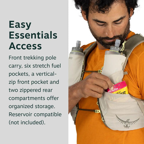 Man accessing pocket in Duro 6L Running Hydration Vest With Hydraulics Soft Flasks Included, Men’s Sandy Grey Medium