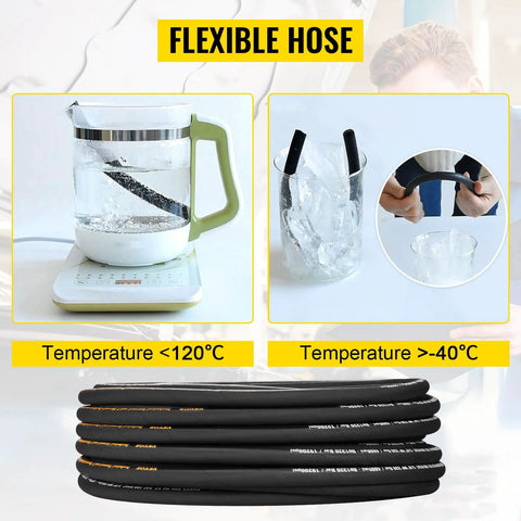 Hydraulic Hose Three Eighths Inch By One Hundred Feet Coiled, 4800 PSI, Dual High Tensile Steel Wire Braid, Flexible Bulk Rubber Oil Hose For Heavy Duty Equipment, Temperature Range Minus Twenty To One Hundred Forty Celsius, Built Tough.