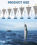 Product size chart showing 18 Piece Pyramid Fishing Weights Set, 8 Oz Triangle Sinkers For Saltwater, Surf, And Bass Casting Gear.