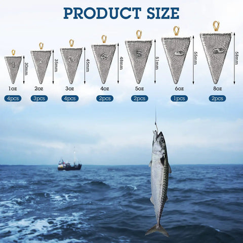 Product size chart showing 18 Piece Pyramid Fishing Weights Set, 8 Oz Triangle Sinkers For Saltwater, Surf, And Bass Casting Gear.