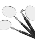360 Degree Telescoping Inspection Mirror On Extendable Stick With 85mm Mirror Diameter, Swivel Double Ball Joint, 34 Inch Reach, 7.5 Inch Collapsed, Pro Grade Auto Mechanics Tool For Tight Spots, Dead Angles, And Obstacle Viewing, shown with three mirrors