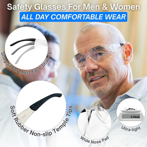 Close-up of Heavy Duty Clear Safety Glasses 72 Pack Loaded With 72 Silicone Ear Plugs NRR 25DB ANSI Z87 1 Certified eyewear on man's face.