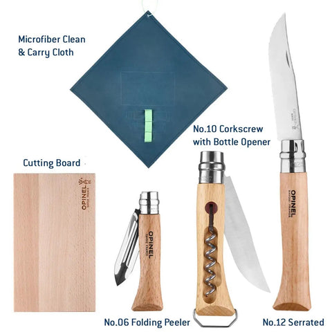 Nomad Camping Kitchen Utensil Kit with No 12 serrated knife, cutting board, No 10 corkscrew, No 6 peeler for outdoor prep.