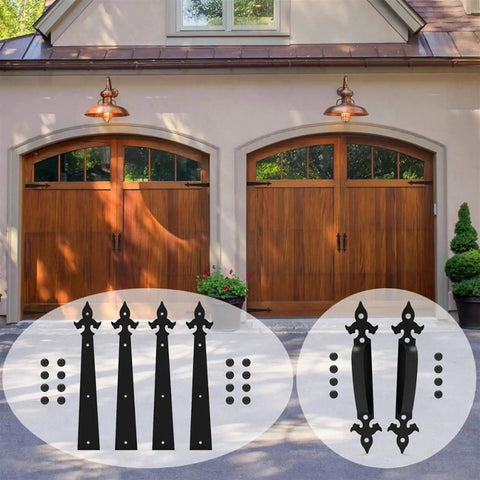 Six Piece Tough As Nails Heavy Duty Garage Door Handle Hinges Set Decorative Hardware Kit displayed on wooden garage doors