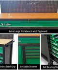 Heavy-Duty 11-Drawer Tool Cabinet With Solid Wood Workbench Top And Pegboard Backwall, shown in green and black, front view