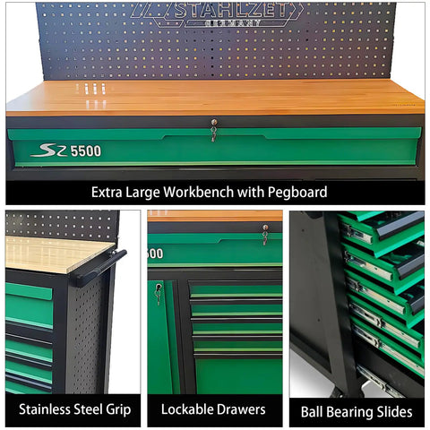 Heavy-Duty 11-Drawer Tool Cabinet With Solid Wood Workbench Top And Pegboard Backwall, shown in green and black, front view