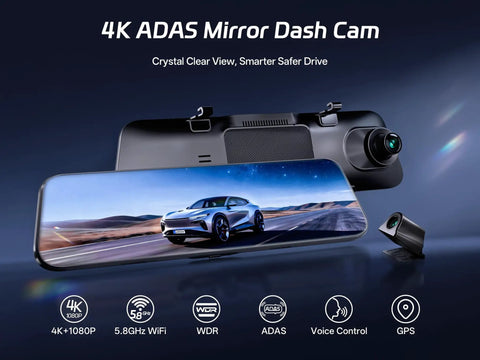 4K Front Dash Cam With 1080P Rear, 12-Inch Mirror Cam showcasing ADAS features in sleek design with rear and front camera view.