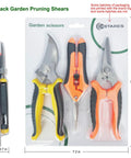 Three Pack Stainless Steel Garden Shears Pruning Set With Heavy Duty Bypass Serrated And Straight Blades in packaging