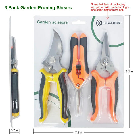 Three Pack Stainless Steel Garden Shears Pruning Set With Heavy Duty Bypass Serrated And Straight Blades in packaging
