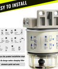 10 Micron Fuel Water Separator Kit For Outboard Motors Marine Filter System With 30 GPH Flow Removes Water And Particles Up To 99 Percent Replaces S3240 120AT NPT Three Eighths Inch Inlet Outlet For Gas And Diesel Engines Easy Install displaying installation steps.