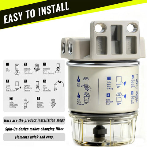 10 Micron Fuel Water Separator Kit For Outboard Motors Marine Filter System With 30 GPH Flow Removes Water And Particles Up To 99 Percent Replaces S3240 120AT NPT Three Eighths Inch Inlet Outlet For Gas And Diesel Engines Easy Install displaying installation steps.