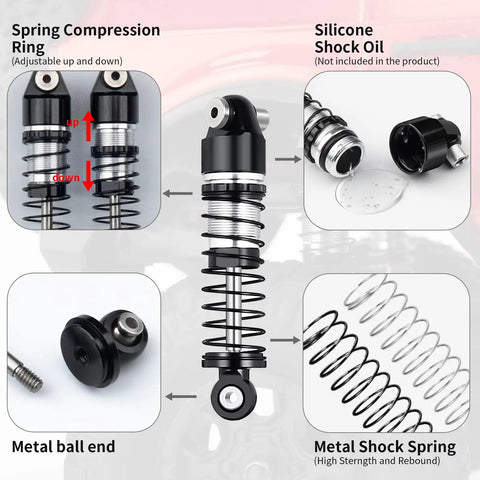 Beefed Up 38mm Oil Shock Absorber For AXIAL SCX24; illustrated parts include spring compression ring, silicone oil, metal ball end.