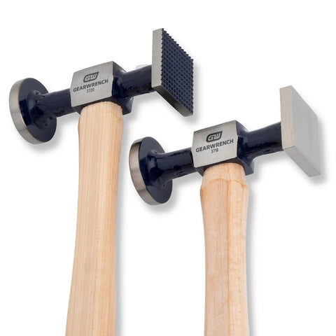 Close-up of 7 Piece Auto Body Hammer And Dolly Set For Dent Repair Built With Flame Treated Hickory Handles And Highly Polished Dollys