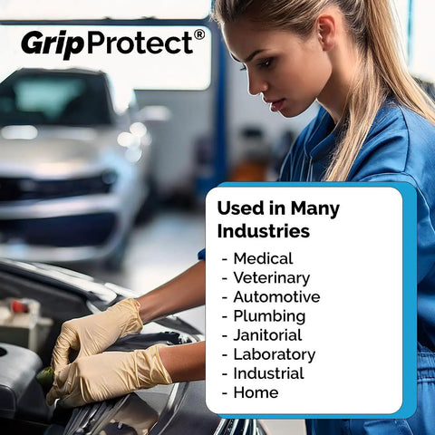 Woman using Heavy Duty 8 Mil Latex Gloves Powder Free 100 Count for automotive work under the hood of a car.