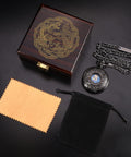 Mechanical Skeleton Pocket Watch With Roman Numerals, Double Case, Dragon Phoenix Carving, Brown Wood Finish Box, Chain Included