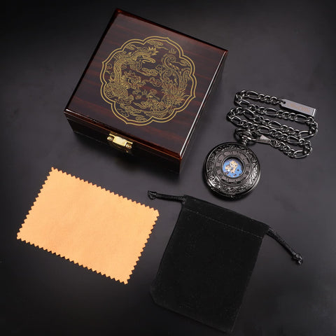 Mechanical Skeleton Pocket Watch With Roman Numerals, Double Case, Dragon Phoenix Carving, Brown Wood Finish Box, Chain Included