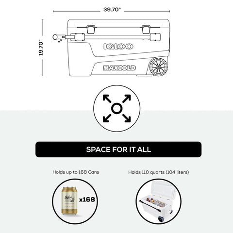 Dimensional sketch of MaxCold Glide 110 Qt Insulated Rolling Cooler With Soft Ride Wheels 168 Can Capacity
