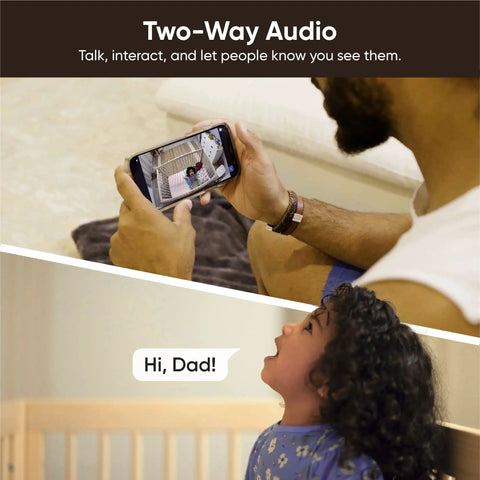 Parent using 2K Indoor Outdoor WiFi Security Camera With Color Night Vision Edge AI Integrated Spotlight And Siren 2 Way Audio Works With Alexa And Google Assistant White to interact with child