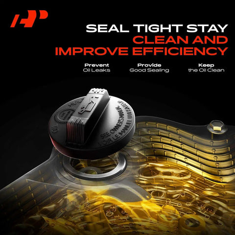 Engine Oil Filler Cap For Honda Accord Civic CRV Ridgeline Pilot Odyssey Passport Element Fit And Acura TSX TL RSX RLX RDX MDX ILX From 2003 To 2019 Models Easy Install shown installed on engine block, highlighting sealing efficiency and oil cleanliness.
