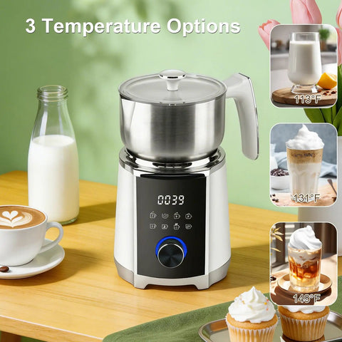 All In One Milk Frother And Steamer With Detachable Base Automatic Warm And Cold Foam Maker Adjustable Temperature 600 ml White