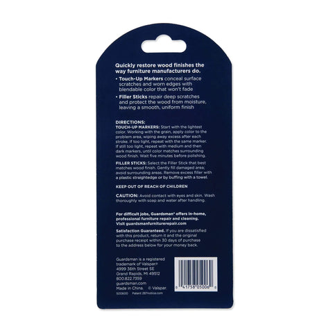 Fire DIY Wood Furniture Scratch Repair Kit With Three Touch Up Markers And Wax Filler Sticks For No Sweat Scuff Control On Cabinets And Table Surfaces In Brown, instructions on a blue background.