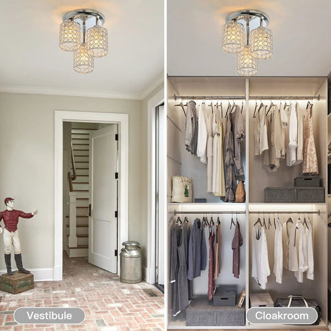 Dope Crystal Semi Flush Mount Ceiling Light With Three Lights, Modern Chrome Finish Chandelier in hallway and closet view