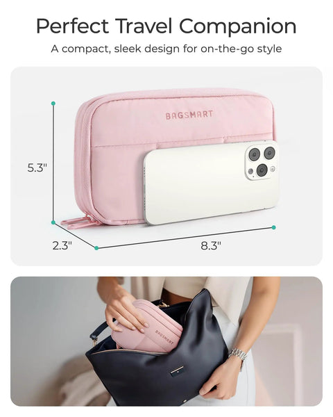 Electronics Organizer Travel Case For Cords Chargers Cables And Small Tech Gear Dual Layer Pouch With Fluffy Quilted Pink Finish