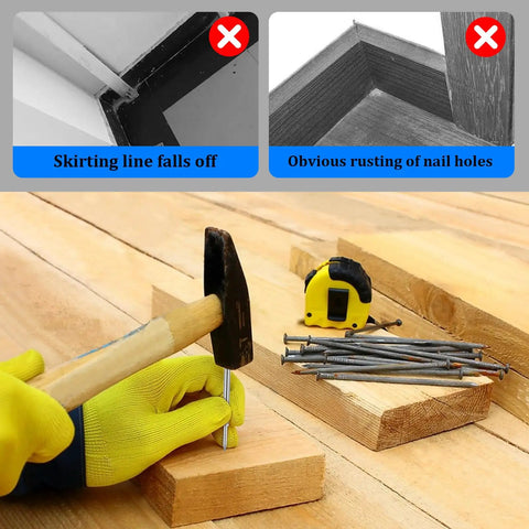 A person hammering a double headed baseboard nail into wood, showcasing 400 Piece Box Of Double Headed Baseboard Nails For Hella Secure Seamless Trim Install Heavy Duty Skirting Fasteners With Tough As Nails Grip And Smooth Sailing Setup.