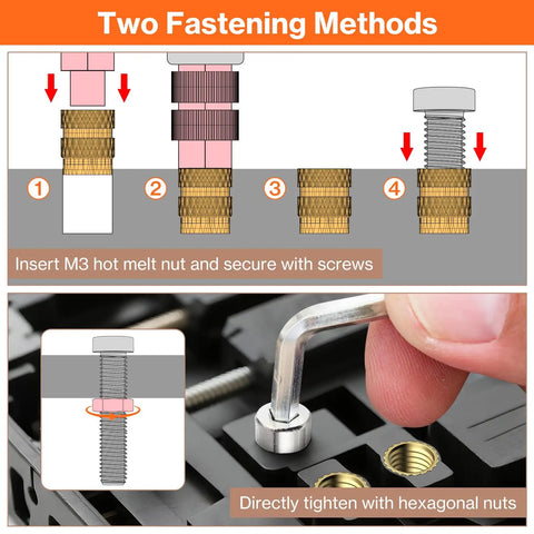 Diagram showing two fastening methods for Heat Set M3 Threaded Inserts Kit With 60W Digital Soldering Iron 360Pcs.