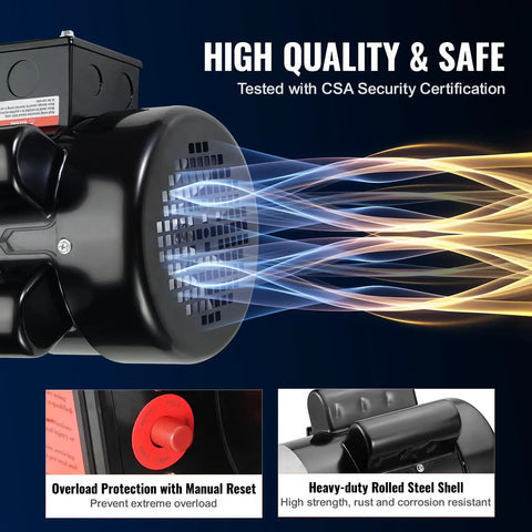Industrial Grade 1.5HP Electric Motor 1725 RPM Dual Voltage 115V 230V 56C Frame Air Compressor Motor, safety features highlighted.
