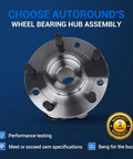 Front Wheel Hub And Bearing Assembly For 4x4 Chevy S10 Blazer GMC Jimmy Sonoma Isuzu Hombre Oldsmobile Bravada 5 Lug With ABS 4WD Pair Replacement Set Of 2 Durable Steel Construction For Long Life; image showing a single hub with studs on blue background, text indicates performance and warranty.