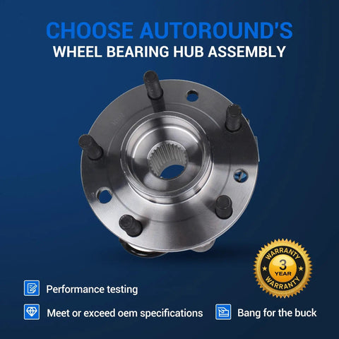 Front Wheel Hub And Bearing Assembly For 4x4 Chevy S10 Blazer GMC Jimmy Sonoma Isuzu Hombre Oldsmobile Bravada 5 Lug With ABS 4WD Pair Replacement Set Of 2 Durable Steel Construction For Long Life; image showing a single hub with studs on blue background, text indicates performance and warranty.