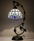 Tiffany Style White Blue Stained Glass Table Lamp With Reading Desk Light Metal Leaf Base 8x10x21 Inches Space Saving Bedside Bedroom Home Office Decor UL Listed Plug In Lamp With On Off Cord Switch Classic Vintage Vibe Glow