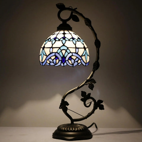 Tiffany Style White Blue Stained Glass Table Lamp With Reading Desk Light Metal Leaf Base 8x10x21 Inches Space Saving Bedside Bedroom Home Office Decor UL Listed Plug In Lamp With On Off Cord Switch Classic Vintage Vibe Glow