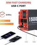 No Sweat Heavy Duty 1500 Watt Pure Sine Wave Power Inverter DC 12V To 120V AC showing dual USB-C ports and phone charging.