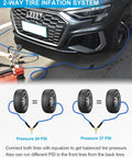 Heavy Duty Dual Tire Inflation Hose Quarter Inch X 8 Foot Hybrid Air Compressor Line With Quick Coupler Fittings 300 Psi shown inflating tires on a vehicle.
