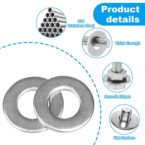 Front view of Yinpecly 200pcs 10# flat washers, 1/2 inch OD, 304 stainless steel