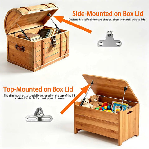 2 Pack 15 Inch Soft Close Toy Box Hinges With Gas Strut Safety Lid Support shown on wooden toy chests, rust resistant black