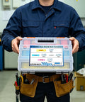 Person holding Hella Tough Heat Shrink Butt Connectors 700 Piece Kit with crimp terminals for 10-26 AWG wiring.
