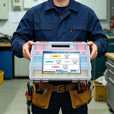 Person holding Hella Tough Heat Shrink Butt Connectors 700 Piece Kit with crimp terminals for 10-26 AWG wiring.