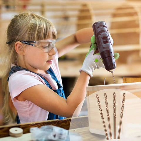 Child using a drill with Fifteen Piece One Eighth Inch Cobalt Drill Bit Set M35 High Speed Steel Twist Drill Bits For Hardened Metal