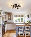 Six Light Black Matte Sputnik Ceiling Light Fixture Semi Flush Mount With E26 Base in cozy farmhouse kitchen setting