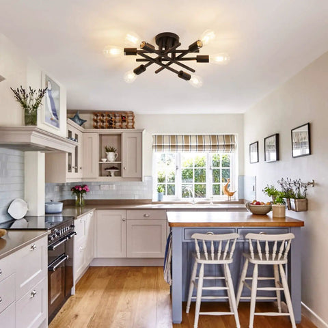 Six Light Black Matte Sputnik Ceiling Light Fixture Semi Flush Mount With E26 Base in cozy farmhouse kitchen setting